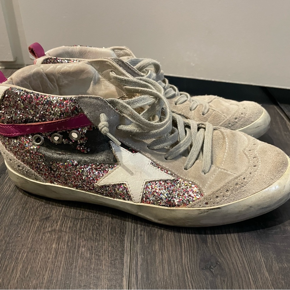 Golden Goose Mid-Star, suede with rainbow glitter, size 38